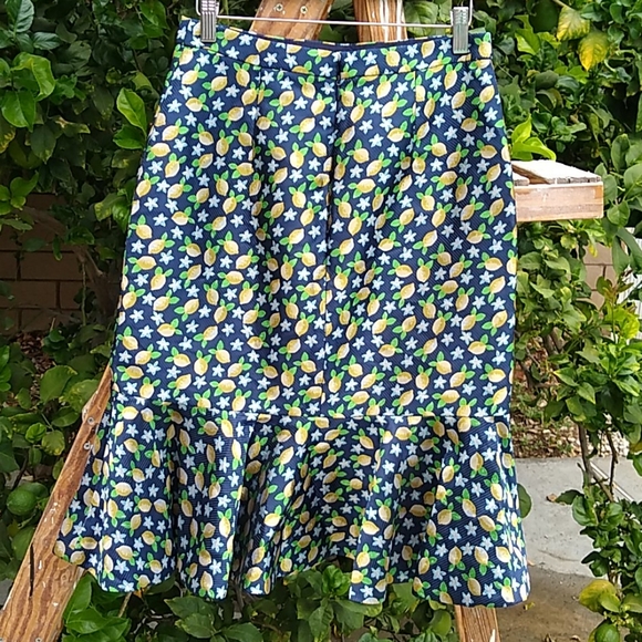 J.Crew Ruffle Pencil Skirt Lined Navy w/Lemons 6 - Picture 8 of 8